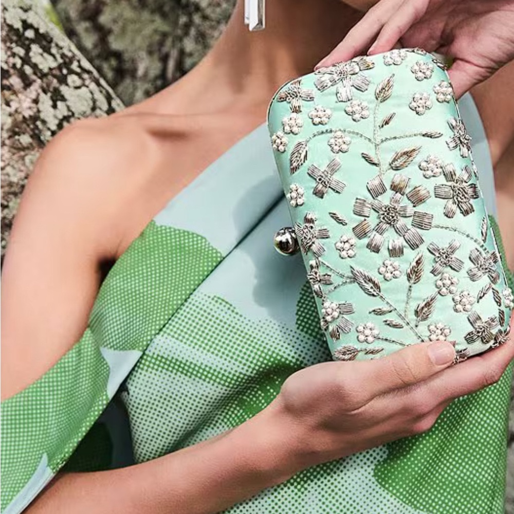 Floral Embroidered Clutch - Mint Green